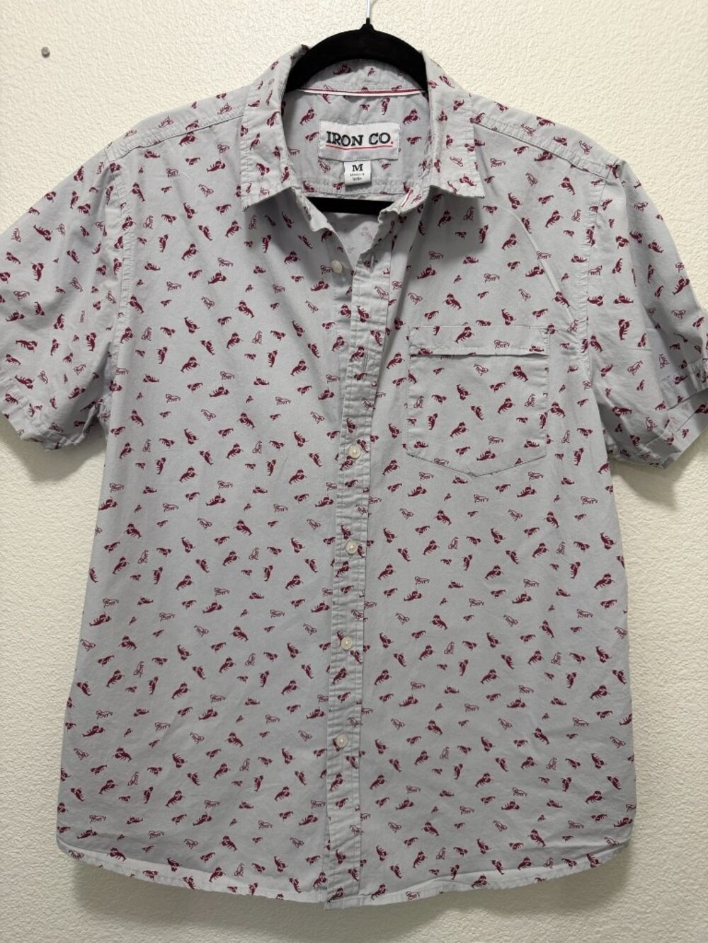 Iron Co gray short sleeve button down men's shirt with red lobster print, MED